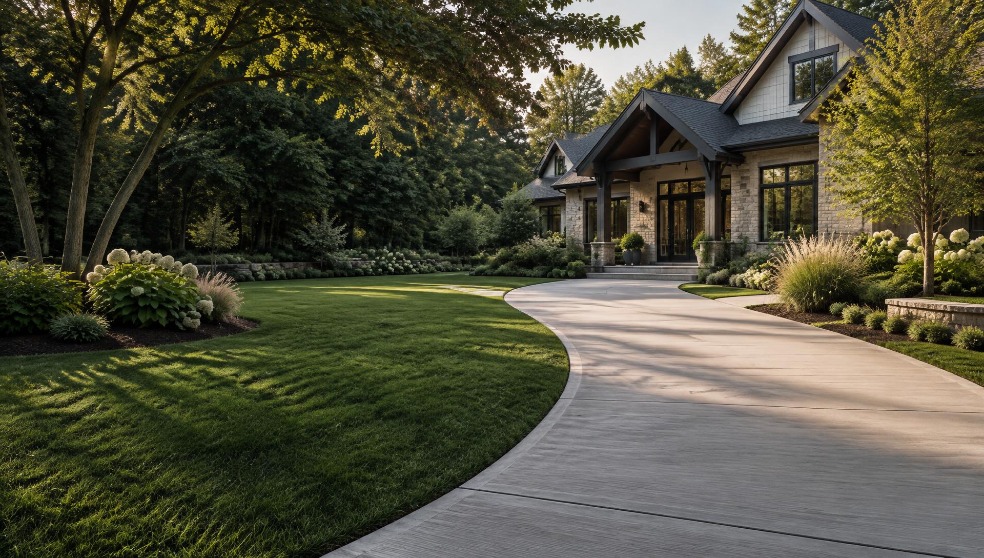 Elegant finished concrete driveway, lawn, and landscaping at a modern home